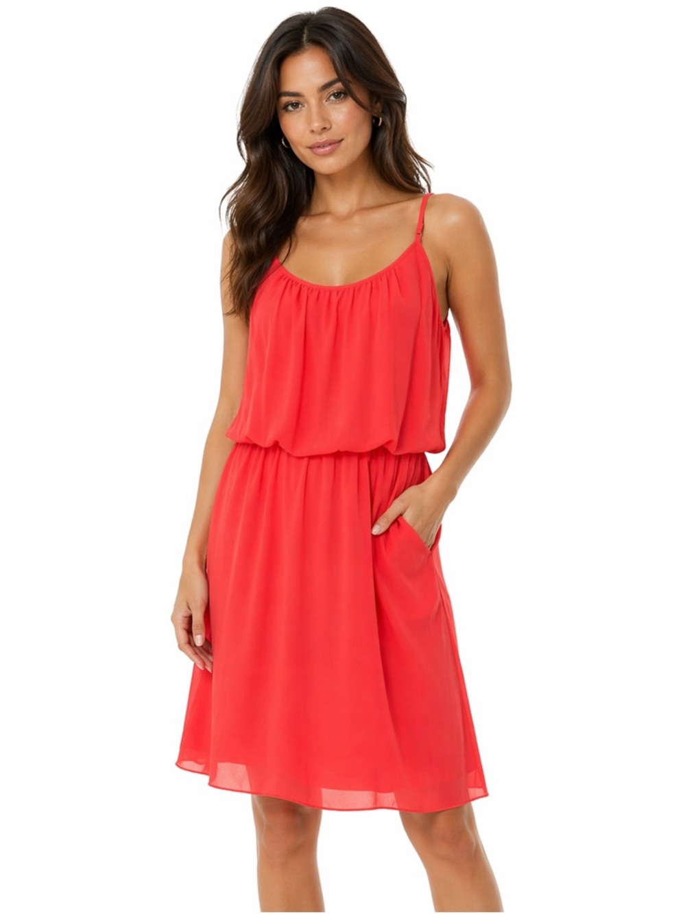 Costa Blanca Bright Coral Spaghetti Strap Chiffon Dress